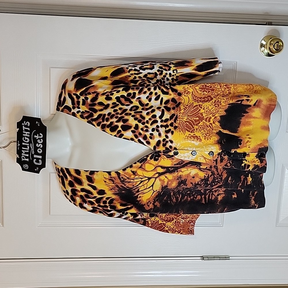 Reference Point Cardigan Sweater XL Animal Print Black Orange Gold Yellow